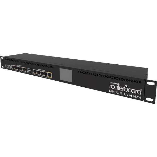 Mikrotik RB3011UIAS-RM 1U Rackmount, 10xGigabit Ethernet, SFP, USB 3.0, LCD, PoE out on port 10, 2x1.4GHz CPU, 1GB RAM, RouterOS L5, Black | MikroTik