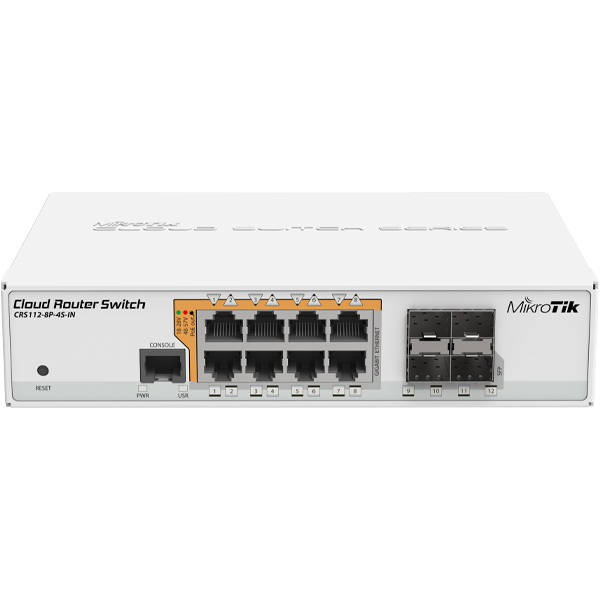 Mikrotik CRS112-8P-4S-IN Gigabit Ethernet Smart Switch with PoE, SFP cages, 400MHz CPU, 128MB RAM, desktop case, RouterOS L5|ACCESSORIES
